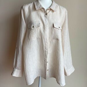 Tommy Hilfiger Womens 100% Linen White Beige Button Roll Tab Sleeve Shirt 1X